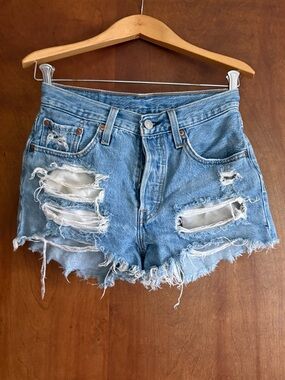 Distressed Light Blue Denim Shorts - Levi’s 501 Button Fly